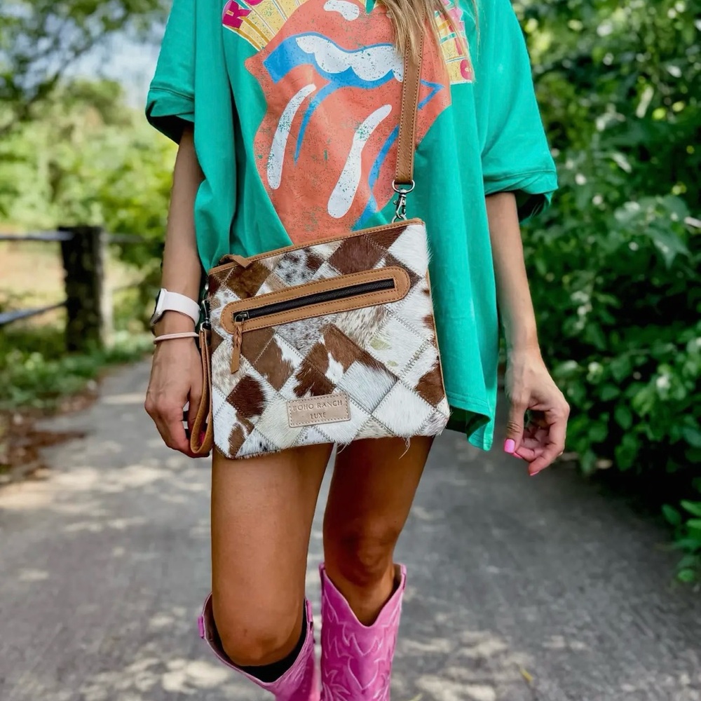 Boho Luxe Cowhide Leather Wristlet/Crossbody Bag